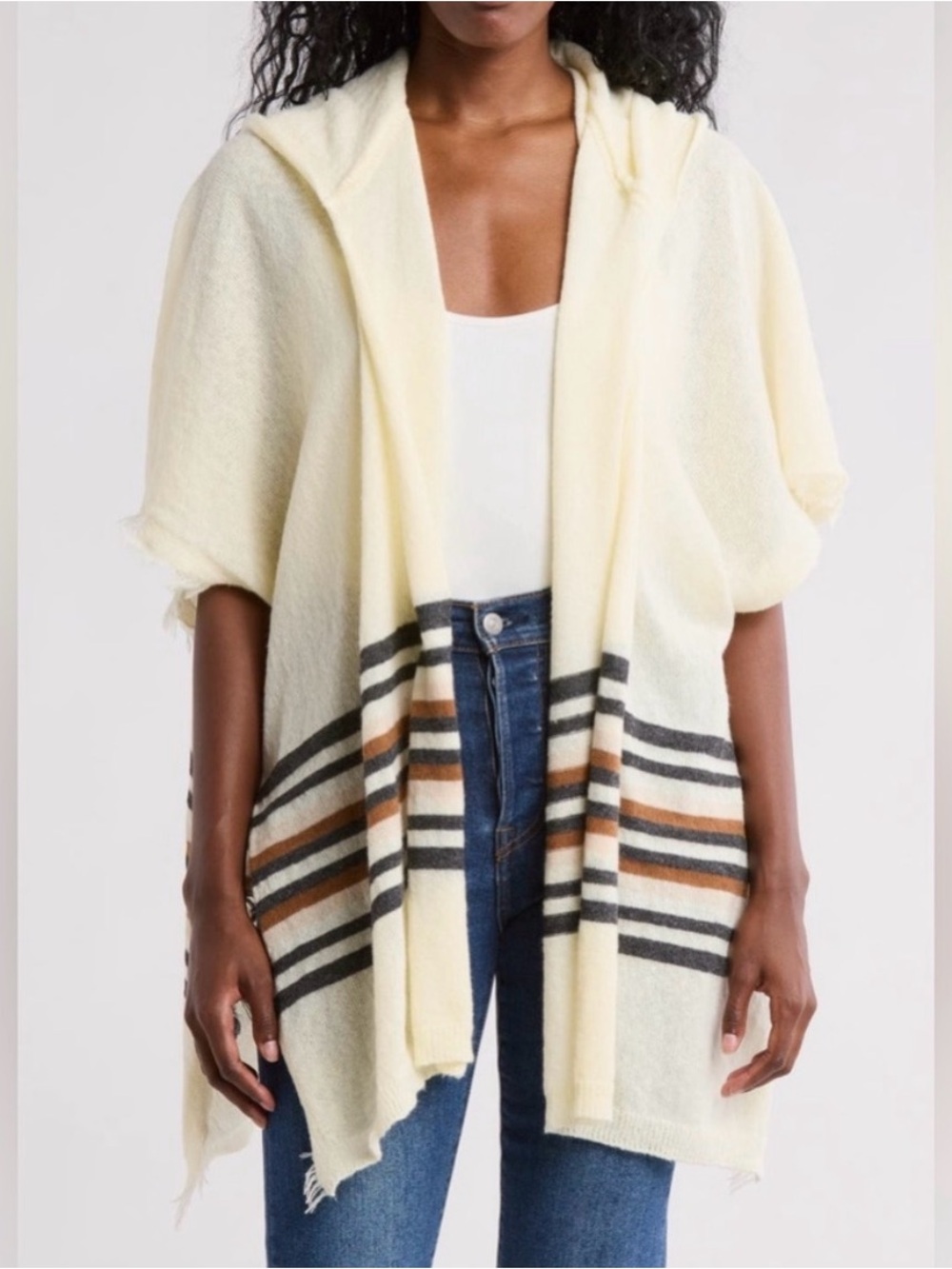 Melrose and Market Hooded Striped Knit Ruana Poncho Wrap One Size NWT